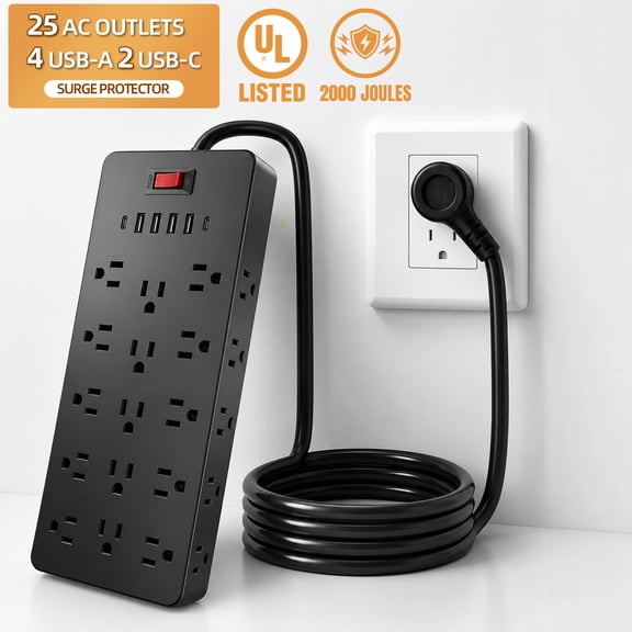 ZHANGONG 2000J Surge Protector Power Strip, 25 Outlets, 2 USB-C, 4 USB-A, 15A 1875W, 6.5ft Extension Cord, Flat Plug, Wall Mountable for Home Office Desk, UL Listed
