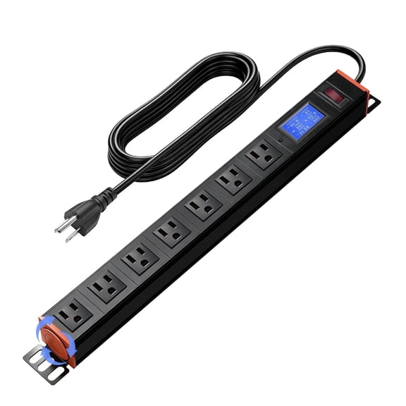 ZHANGONG 19" 1U Metered Rackmount PDU Power Strip, 7 Outlets, 15A Overload Protection, 360 Rotating Brackets, LED Display, 5ft Cord