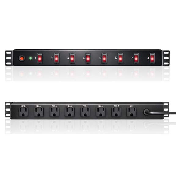 ZHANGONG 1U Rack Mount PDU Power Strip, 8 Outlet with Individual Switches, 2000J Surge, 15A Overload, 6FT 14AWG Cord for 19-Inch Server Rack