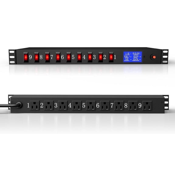 ZHANGONG 9 Outlets Rack Mount Power Strip with Individual Switches & Digital Display, 15A 1875W, 1U PDU with Overload Protection, 6.5FT Cord