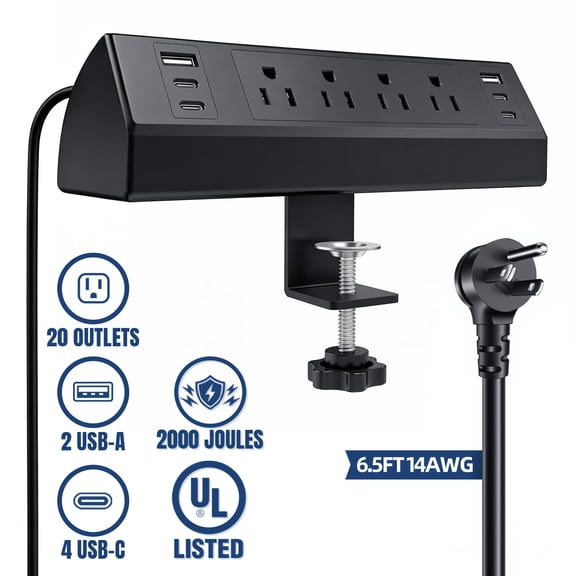 ZHANGONG Desk Clamp Power Strip, 4 AC Outlets 6 Usb Ports, 2000 Joules Surge Protector, 1875W 15A, 6.5 ft Flat Plug Cord, Black, UL Listed