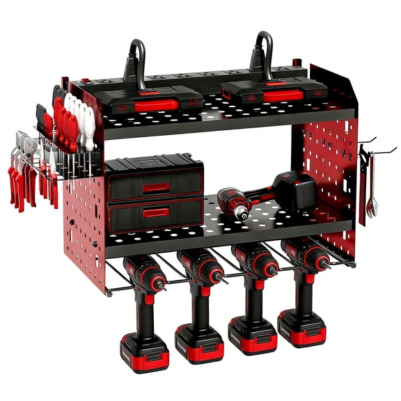 ZHANGONG Wall Mount Power Tool Organizer with 8-Outlet PDU, 3-Layer Heavy Duty Storage, 44lbs Load Capacity, 6.5FT Extension Cord for Workshop Garage