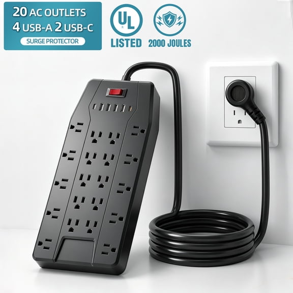 ZHANGONG 2000J Surge Protector Power Strip, 20 Outlets, 2 USB-C, 4 USB-A, 15A 1875W, 6.5ft Extension Cord, Flat Plug, Wall Mountable for Home Office Desk, UL Listed