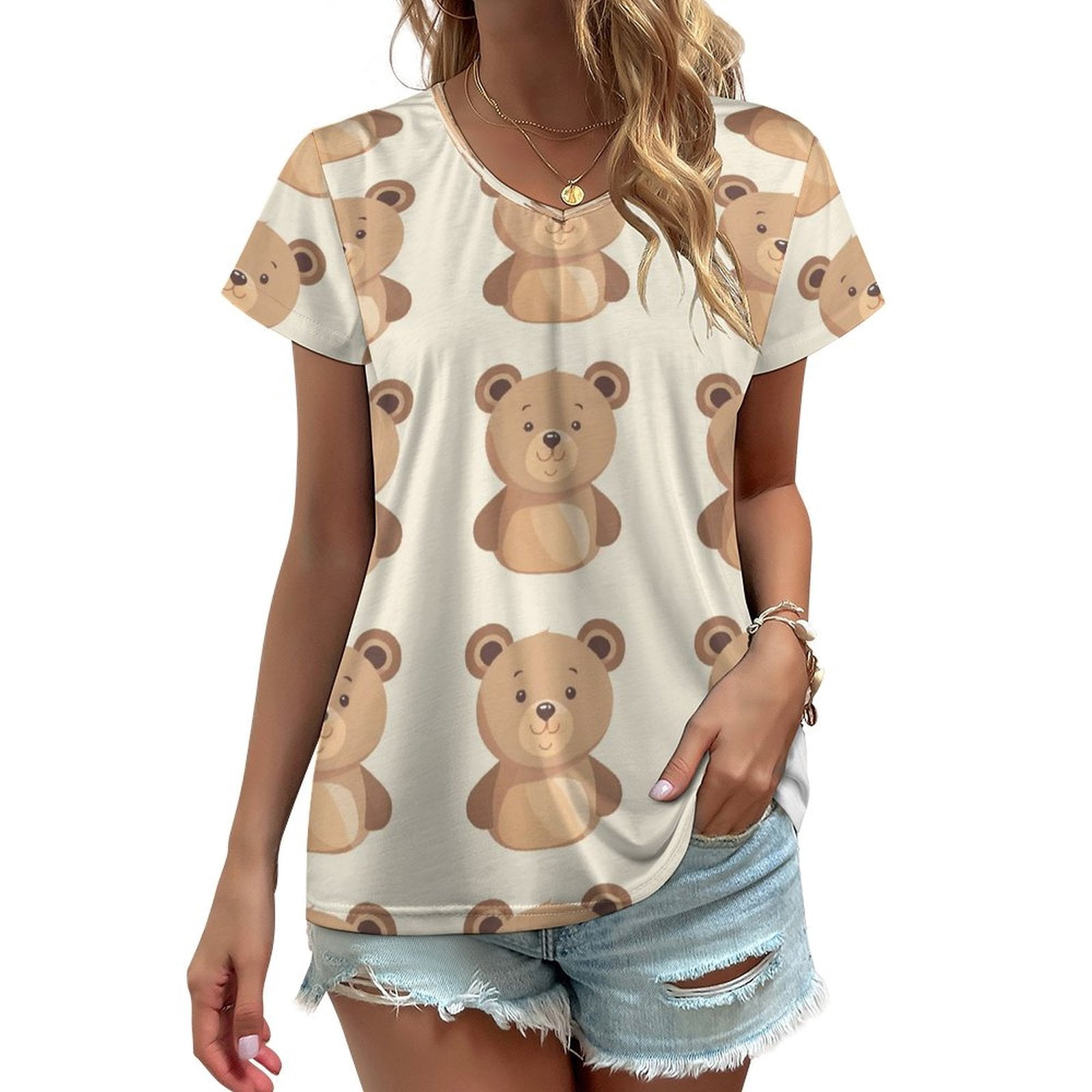 ZHANGS Baby Bear 7 Women's TShirts, Short Sleeve Dress Shirt Vneck
