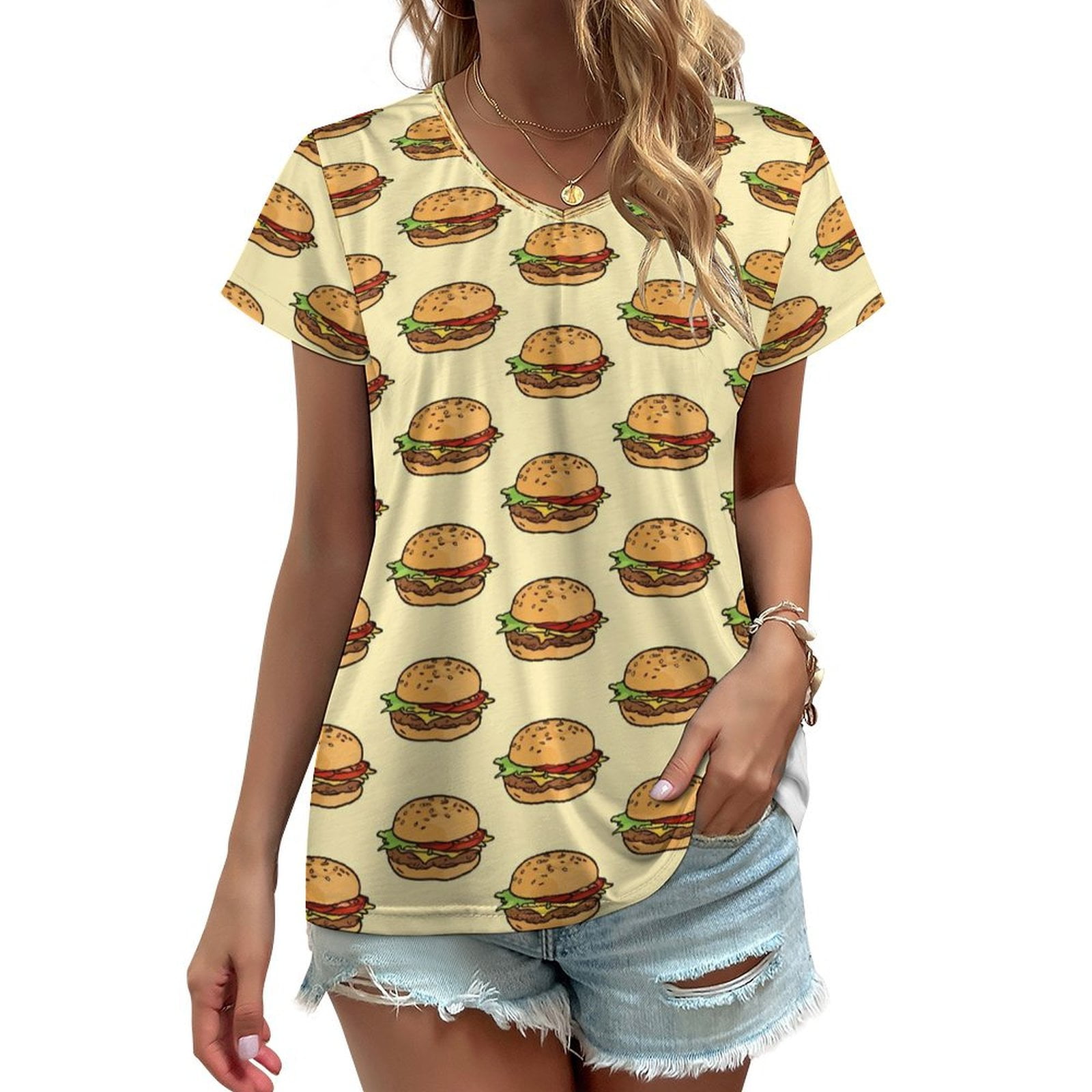 ZHANGS Cheeseburger228 Women's TShirts, Short Sleeve Dress Shirt V