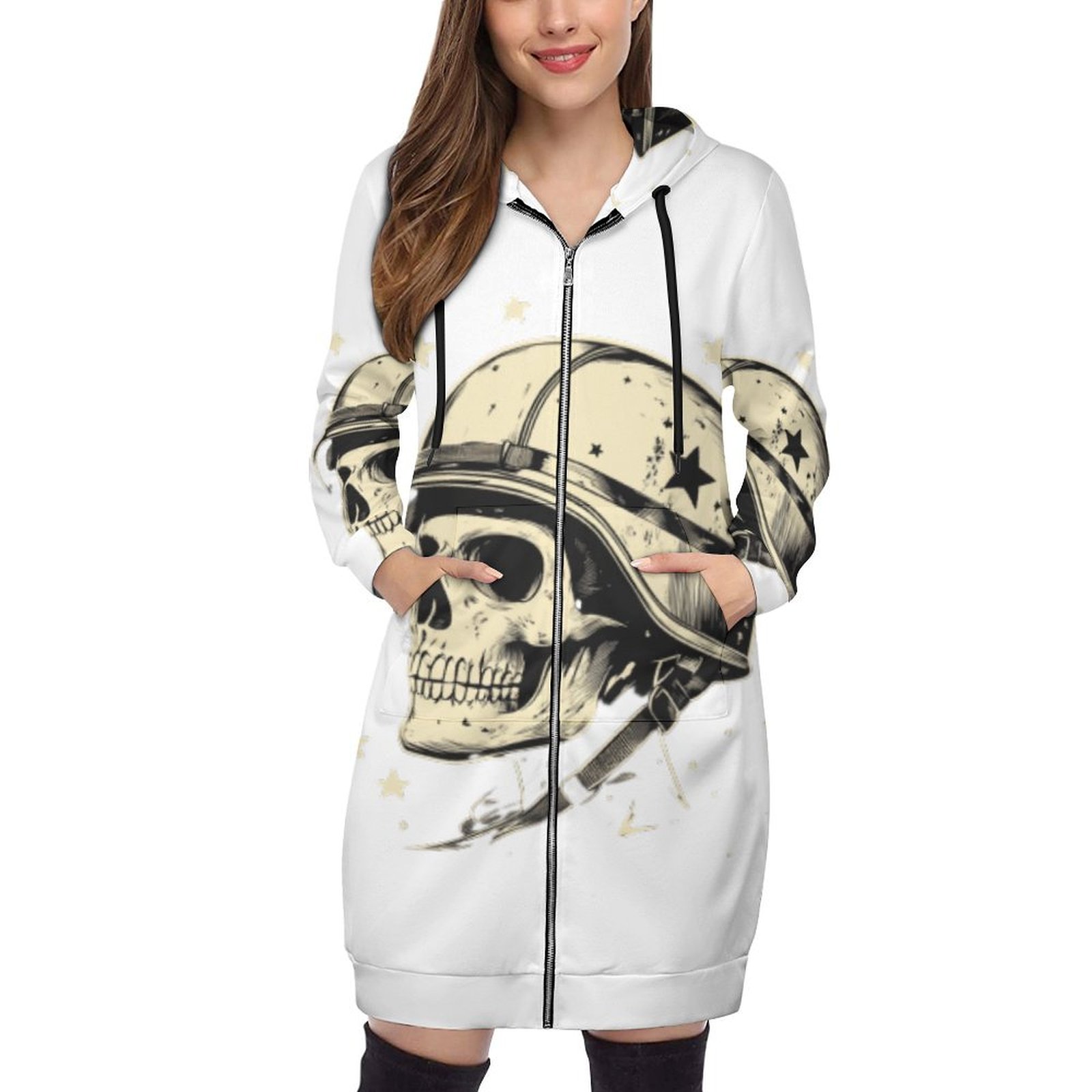 ZHANGS Womens Hoodies, Skull with Army Helmet and Stars 767 Print Long