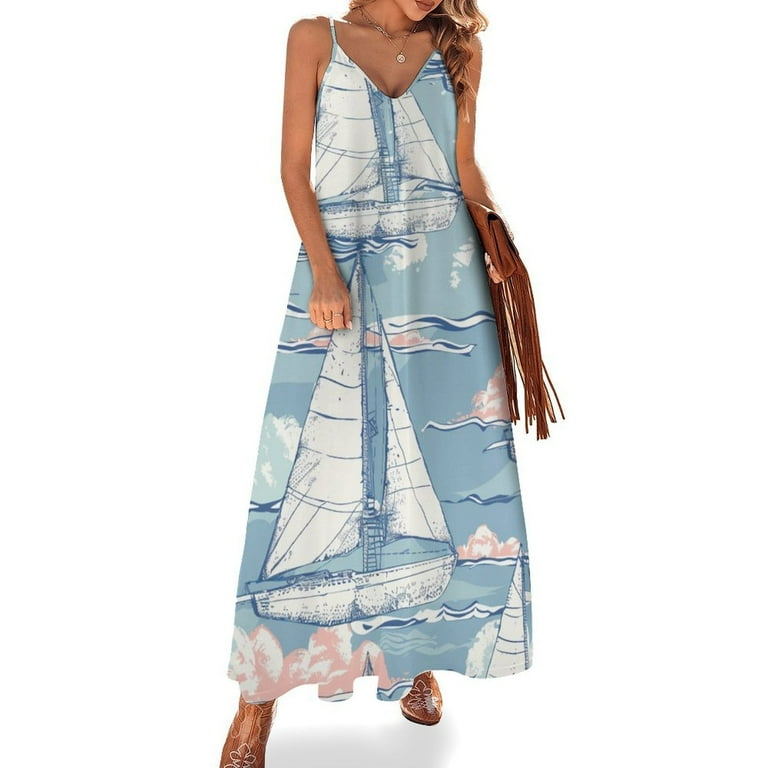 ZHANGSANSD Nautical Lovely Sailboat 376 Women s Casual Halter Maxi Dress Backless Sundress Loose Flowy for Summer Beach Walmart