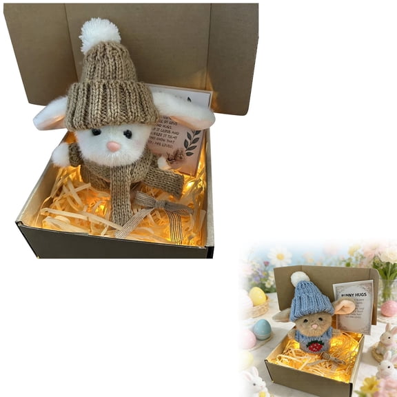 ZHANQUNE Easter Bunny Plush with LED Light Crochet Bunny Hug Doll Mini Bunny Hugs in Box with Inspirational Card Cute Easter Gift for Women Teens Easter Basket Stuffer,Khaki