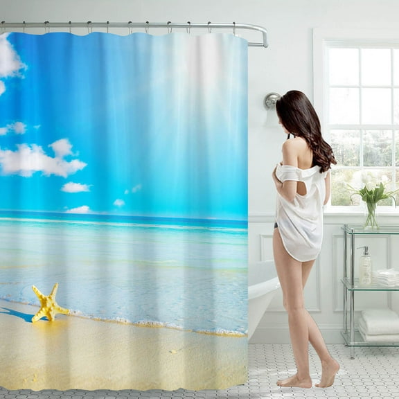 ZHANQUNE Ocean Beach Print Shower Curtain 70x70 Inch, Waterproof Bathroom Curtain with 12 Hooks, Heavy Weighted Hem, Machine Washable Quick Dry Boho Decor