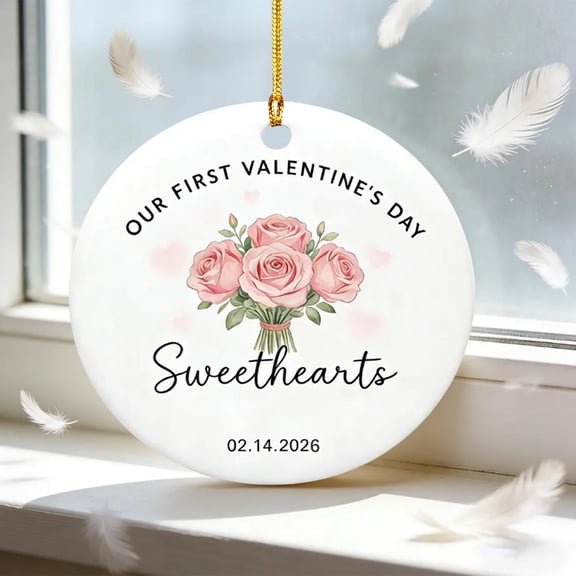 ZHANQUNE "Our First Valentine's" Couple Ornament - Custom Chibi Style Keepsake for Newlyweds, Dating Anniversary and First Valentine's Day Gift