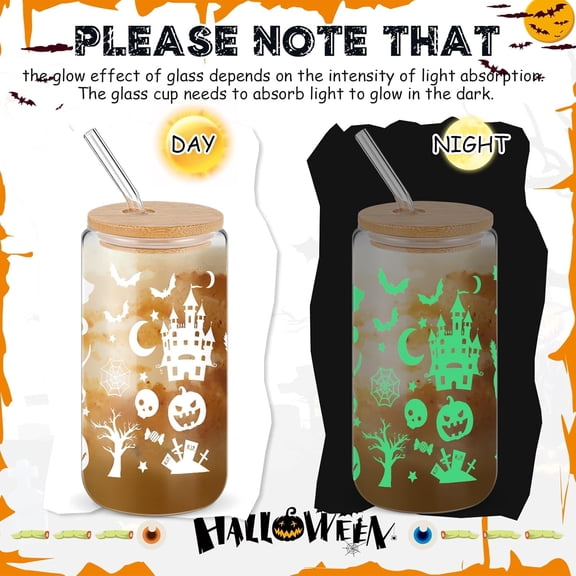 ZHANYU-12 Packs Halloween Glass Cups 16oz Halloween Boo Baskets Stuffers Ghost Glass Cups with Lids Straws Glow in the Dark Iced Coffee Cup Gifts for Women Adults Teens Girls Party Decor (Witch)