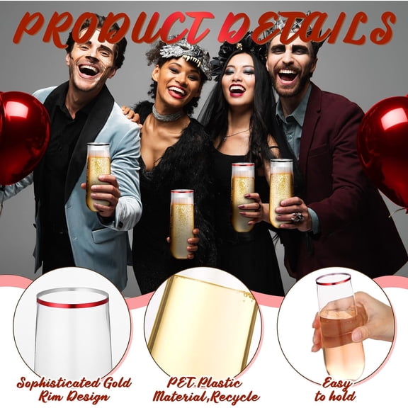 ZHANYU-12 Pcs Black Rimmed Hard Plastic Champagne Flutes 9 oz Mimosa Glasses Stemless Toasting Glasses Wine Glass Cocktail Cups for Party Wedding Engagement Bridal Shower Halloween(Black, Red)