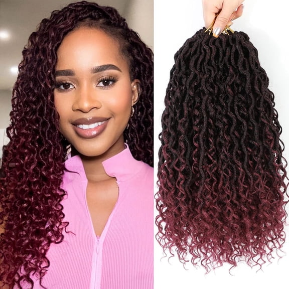 ZHANYU-14 Inch 8 Packs Goddess Locs CroZHANYUt Hair Ombre Burgundy Faux Locs CroZHANYUt Hair for Women Pre Looped with Curly Ends Synthetic (#TBUG)