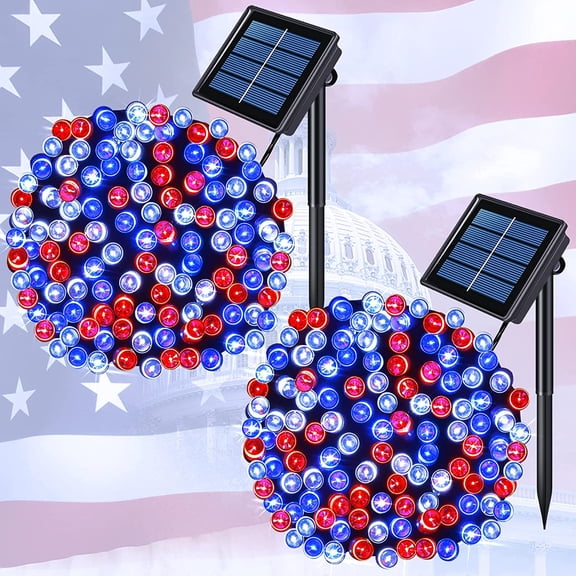 ZHANYU-2 Pack Red White and Blue Solar Lights 100LED 33ft Patriot Solar String Lights Waterproof, 8 Modes 4th of July Lights for Independence Day, Gardens, Tree, Outdoor 4th of July Decorations