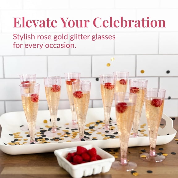 ZHANYU-24 Piece Plastic Champagne Flutes - 4.5 oz Plastic Wine Glasses with Rose Gold Glitter - Cocktail Glasses for Parties - Party Supplies for Mimosa Bar, Wedding, Shower Party and New Years Eve