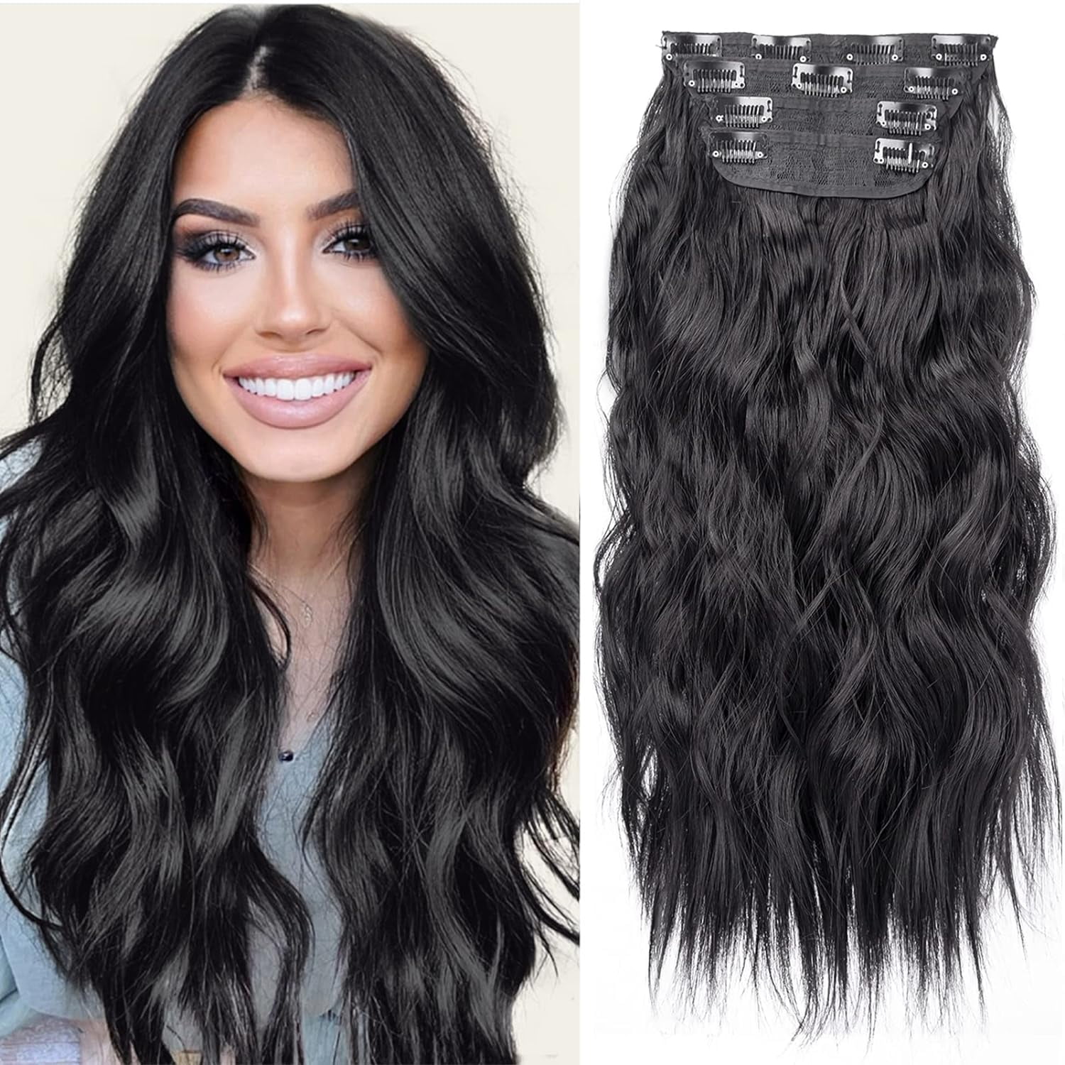 ZHANYU-Black 20 Inch Thick Hairpieces Long Wavy Natural Synthetic Clip ...