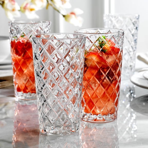 ZHANYU-Drinking Glasses Set of 4. Tall Highball Glasses. 14oz. Textured Diamond Cut Elegant Drinking Glass Cups- Kitchen Glassware for Water, Iced Tea, Juice, Cocktail.