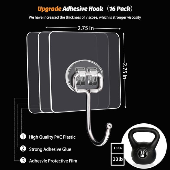 ZHANYU-Large Adhesive Hooks, 16-Pack Hold 33lb(Max) Heavy Duty Sticky Hooks, Waterproof Transparent Hooks for Hanging, Self-Adhesive Traceless Clear Wall Hooks to Use for Keys Robe & Towel