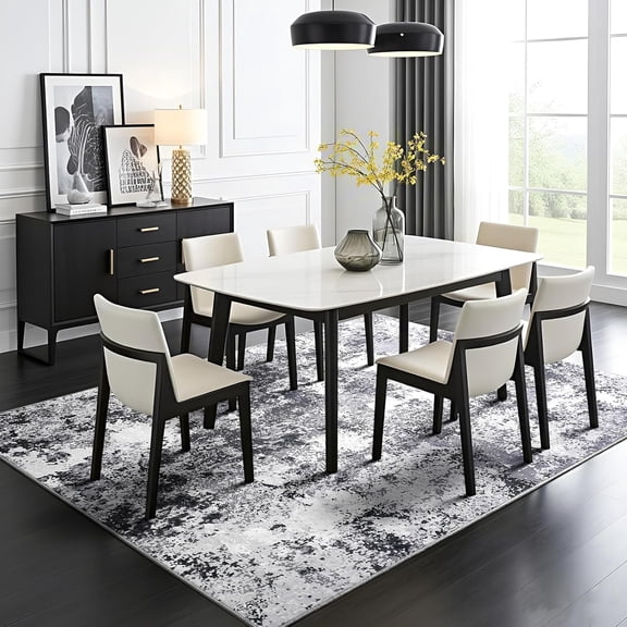 ZHANYU-Modern Abstract 4x6 Rug, Soft Washable Area Rug for Bedroom, Non Slip Thin Foldable Low Pile Stain Resistant Carpet for Living Room Dining Room Home Office Decor, Black Grey White