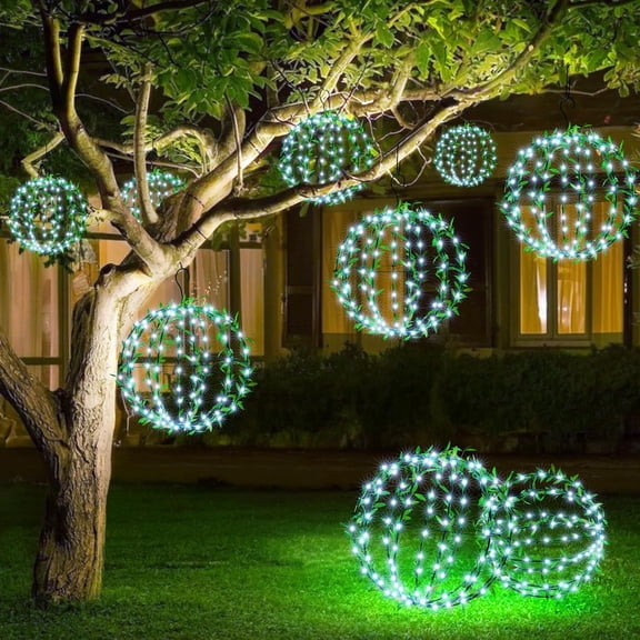 ZHANYU-Solar Hanging Lights Outdoor, 2 Pack 12in 120 LED Solar Globe Lights, 8 Modes Waterproof Foldable Metal Sphere Light with Hook for Garden Yard Porch Decor- White (Ball with Green Leaf)