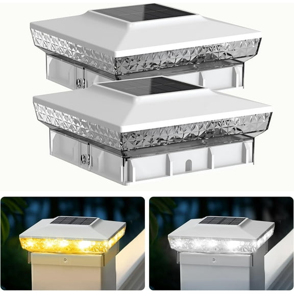 ZHANYU-Solar Post Cap Lights, 2 Pack Upgraded Outdoor Deck Fence Post Solar Lights for 4x4 5x5 Wood/Vinyl Posts, IP65 Waterproof, 10-12 Hours Warm/Cool White Glow for Garden/Patio/Porch - White