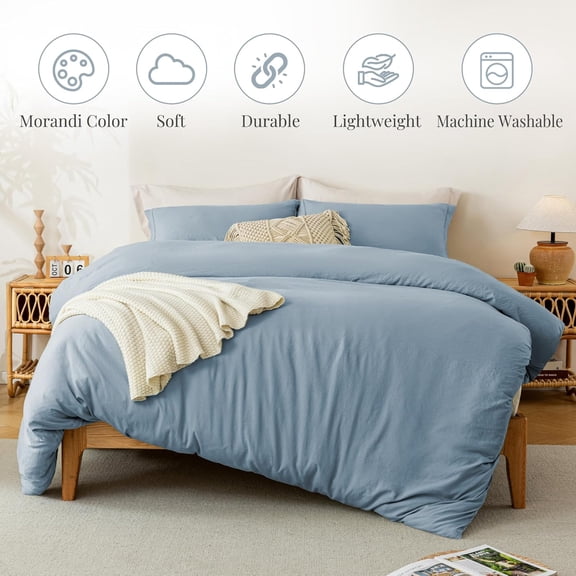 ZHANYU-Super Soft Duvet Cover - 100% Washed Microfiber Light Denim Comforter Cover Set 3 Pieces with Zipper Closure & Corner Ties (No Comforter)