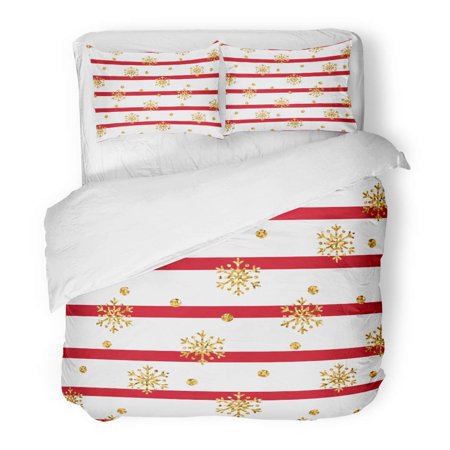 ZHANZZK 3 Piece Bedding Set Christmas Gold Snowflake Snowflakes On Red and White Lines Winter Snow Symbol Twin Size Duvet Cover with 2 Pillowcase for Home Bedding Room Decoration