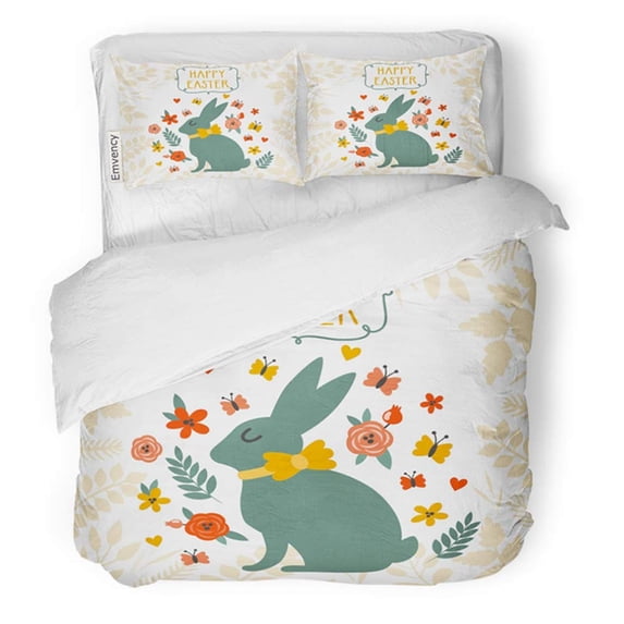 ZHANZZK 3 Piece Bedding Set Easter Cute Bunny Floral and Text Happy Bright Childish Holiday Rabbit Twin Size Duvet Cover with 2 Pillowcase for Home Bedding Room Decoration