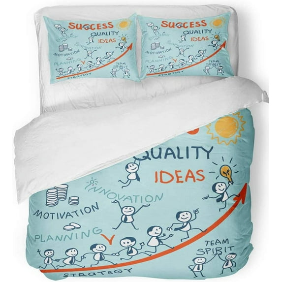 ZHANZZK 3 Piece Bedding Set Graph Hand Drawing Sketch of Success Growth Marketing Strategy Arrow People Twin Size Duvet Cover with 2 Pillowcase for Home Bedding Room Decoration