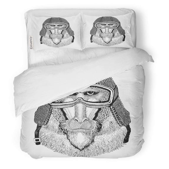 ZHANZZK 3 Piece Bedding Set Monkey Baboon Dog Ape Wearing Vintage Motorcycle Helmet Tattoo Twin Size Duvet Cover with 2 Pillowcase for Home Bedding Room Decoration