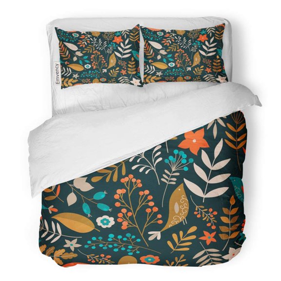 ZHANZZK 3 Piece Bedding Set Navy Fall with Flowers Leaves Berries Birds Winter Floral Blue Wedding Berry Twin Size Duvet Cover with 2 Pillowcase for Home Bedding Room Decoration