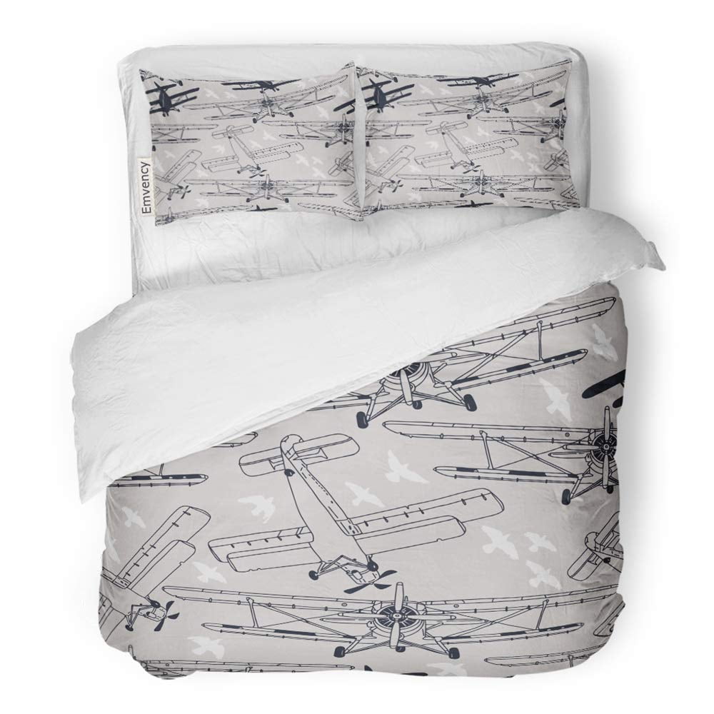 ZHANZZK 3 Piece Bedding Set Navy Propeller Retro Airplanes Birds