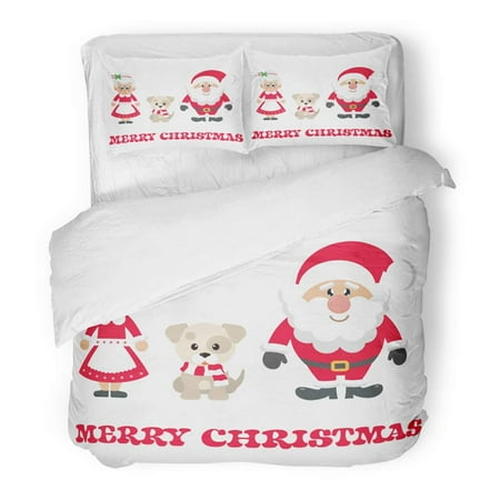ZHANZZK 3 Piece Bedding Set Red Cartoon Mrs Santa and Claus with Winter Dog and Text Celebration Clause Twin Size Duvet Cover with 2 Pillowcase for Home Bedding Room Decoration