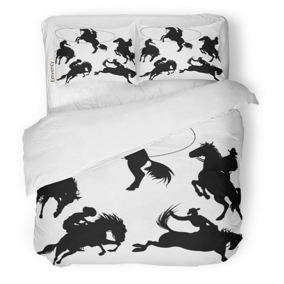 ZHANZZK 3 Piece Bedding Set Rodeo Cowboys on Horses Silhouettes Hat Bucking Lasso Saddle Twin Size Duvet Cover with 2 Pillowcase for Home Bedding Room Decoration