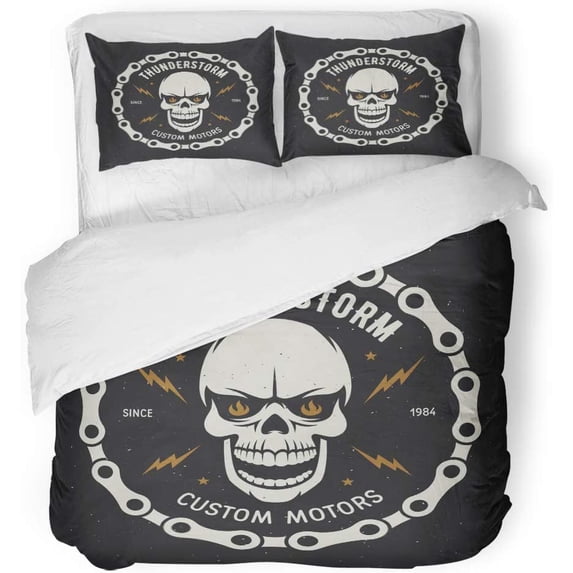 ZHANZZK 3 Piece Bedding Set Vintage Motorcycle Graphics Thunderstorm Custom Motors Biker Emblem Monochrome Skull Twin Size Duvet Cover with 2 Pillowcase for Home Bedding Room Decoration