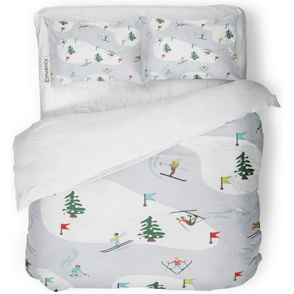 ZHANZZK 3 Piece Bedding Set Watercolor Ski Winter Skiing Leisure Alpine Alps Brand Branding Cheerful Cold Twin Size Duvet Cover with 2 Pillowcase for Home Bedding Room Decoration