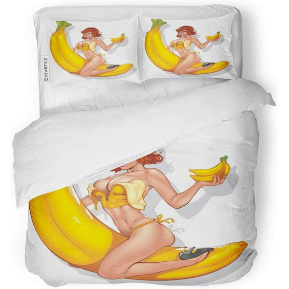 ZHANZZK 3 Piece Bedding Set Yellow Exotic Pinup Girl Sitting on Giant Banana Twin Size Duvet Cover with 2 Pillowcase for Home Bedding Room Decoration