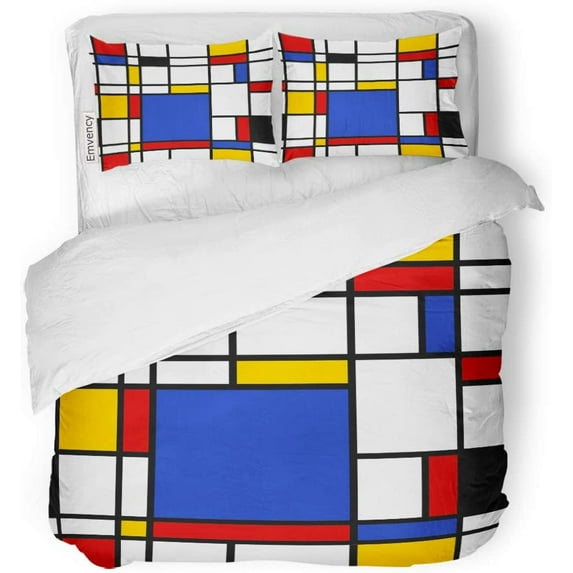 ZHANZZK 3 Piece Bedding Set Yellow Mondrian Abstract Geometric Colorful Pattern for Continuous Replicate Red Pop Twin Size Duvet Cover with 2 Pillowcase for Home Bedding Room Decoration