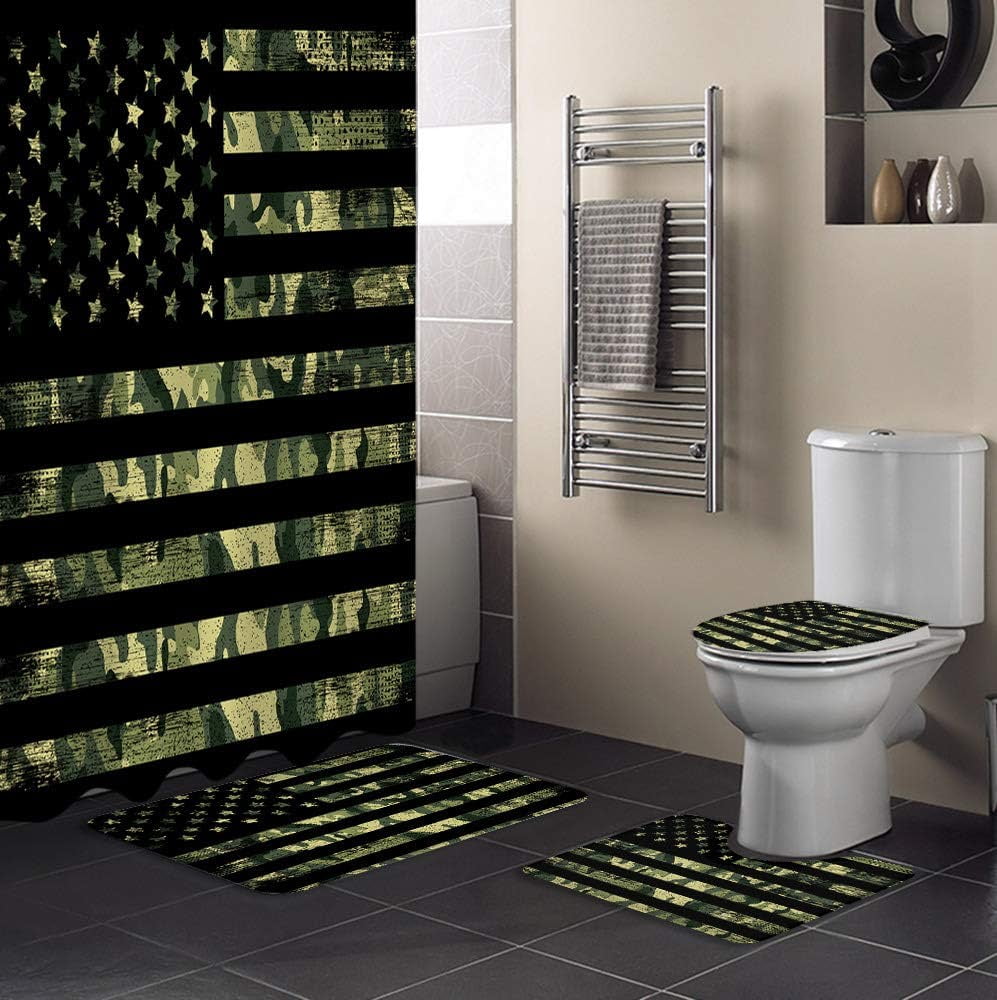 ZHANZZK American Flag 4 Piece Bathroom Set Shower Curtain Bath Rug Contour Mat and Toilet Lid Cover