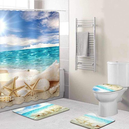 ZHANZZK Beach Sea Shells Starfish 4 Piece Bathroom Set Shower Curtain Bath Rug Contour Mat and Toilet Lid Cover