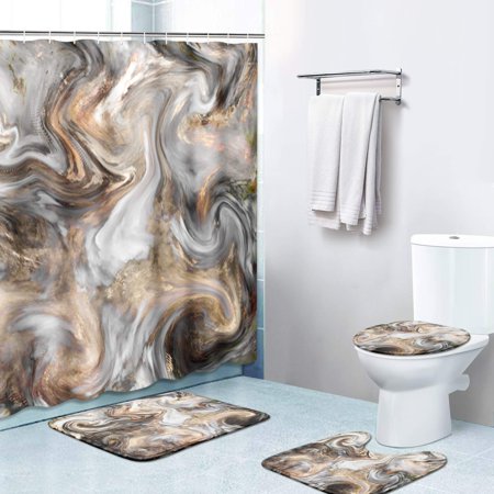 ZHANZZK Brown Marble Stone 4 Piece Bathroom Set Shower Curtain Bath Rug Contour Mat and Toilet Lid Cover