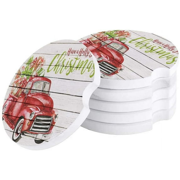 ZHANZZK Car With Christmas Tree Farmhouse Style Wood Plank Set of 2 Car Coaster for Drinks, Absorbent Ceramic Stone Coasters Cup Mat with Cork Base for Home Kitchen Room Coffee Table Bar Decor