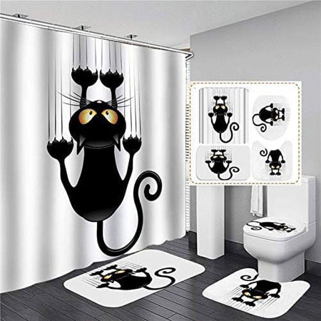 ZHANZZK Cartoon 4 Piece Bathroom Set Shower Curtain Bath Rug Contour Mat and Toilet Lid Cover