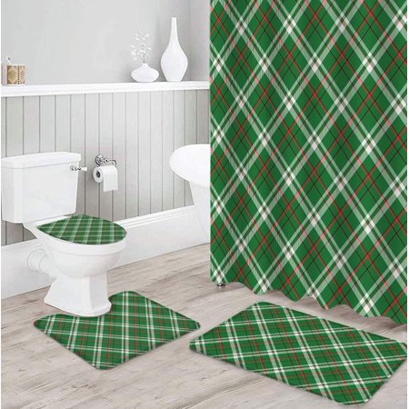 ZHANZZK Christmas Green Checkered 4 Piece Bathroom Set Shower Curtain Bath Rug Contour Mat and Toilet Lid Cover