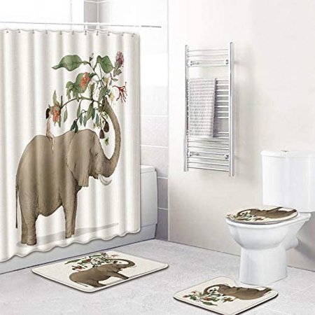 ZHANZZK Elephant Prairie 4 Piece Bathroom Set Shower Curtain Bath Rug Contour Mat and Toilet Lid Cover