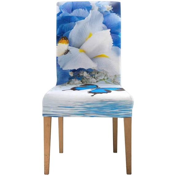 ZHANZZK Flowers Butterfly Blue Hydrangeas White Irises Stretch Chair Cover Protector Seat Slipcover for Dining Room Hotel Wedding Party Set of 1