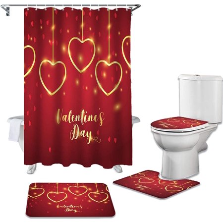 ZHANZZK Golden Hearts on Red Backdrop 4 Piece Bathroom Set Shower Curtain Bath Rug Contour Mat and Toilet Lid Cover