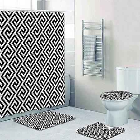 ZHANZZK Greek Key Modern Traditional Meander Border Long 4 Piece Bathroom Set Shower Curtain Bath Rug Contour Mat and Toilet Lid Cover