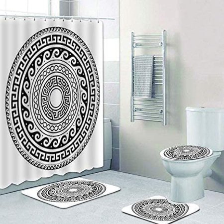 ZHANZZK Greek Key Modern Traditional Meander Border Long 4 Piece Bathroom Set Shower Curtain Bath Rug Contour Mat and Toilet Lid Cover