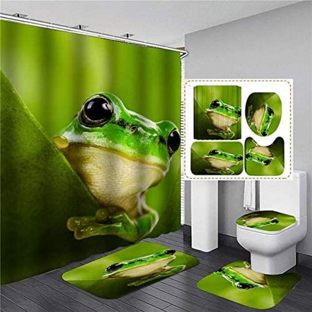 ZHANZZK Green Frog 4 Piece Bathroom Set Shower Curtain Bath Rug Contour Mat and Toilet Lid Cover